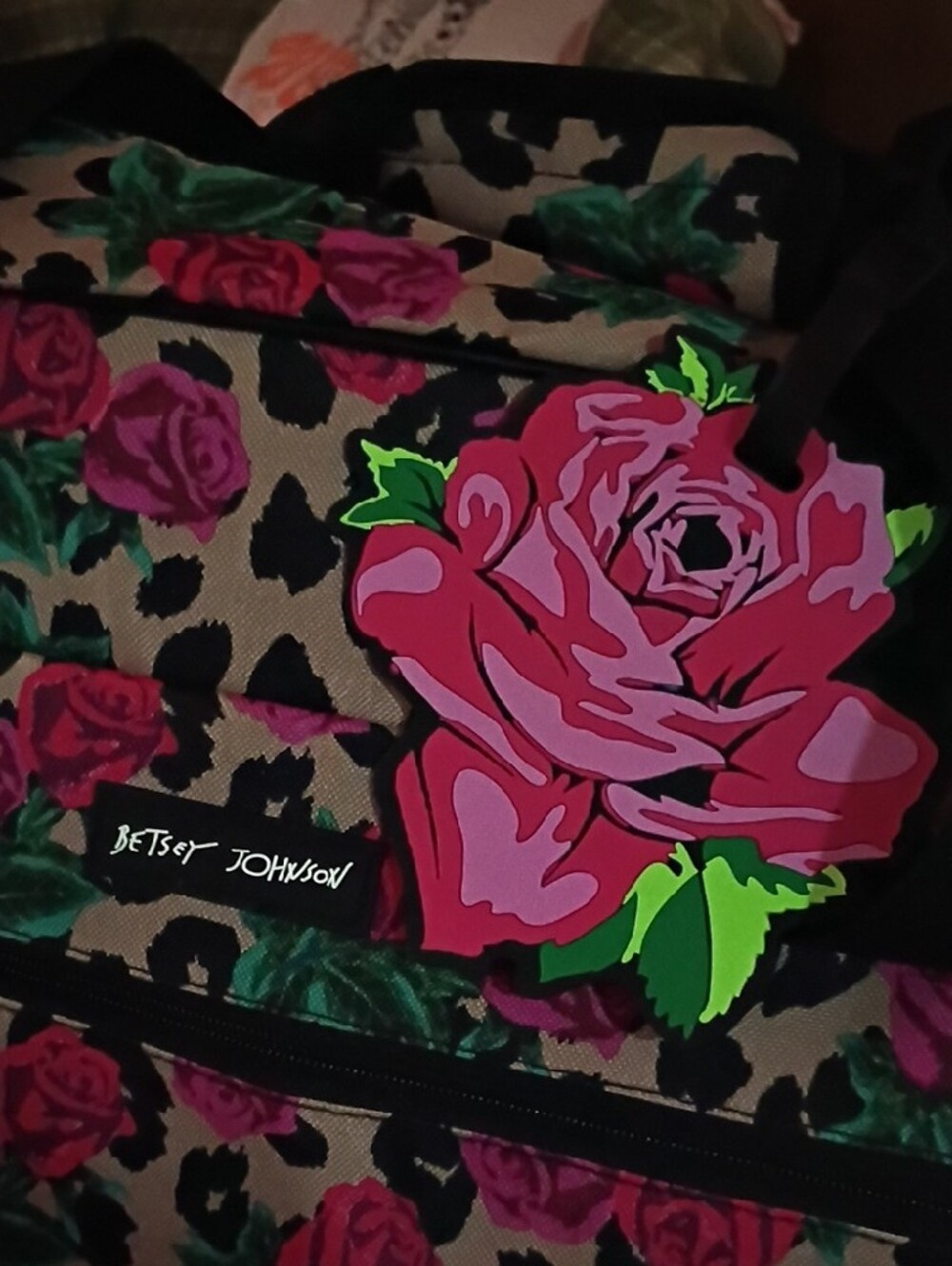 Betsey Johnson Leopard Rose Print Travel Bag in Pink, Green, Black - Picture 3 of 10